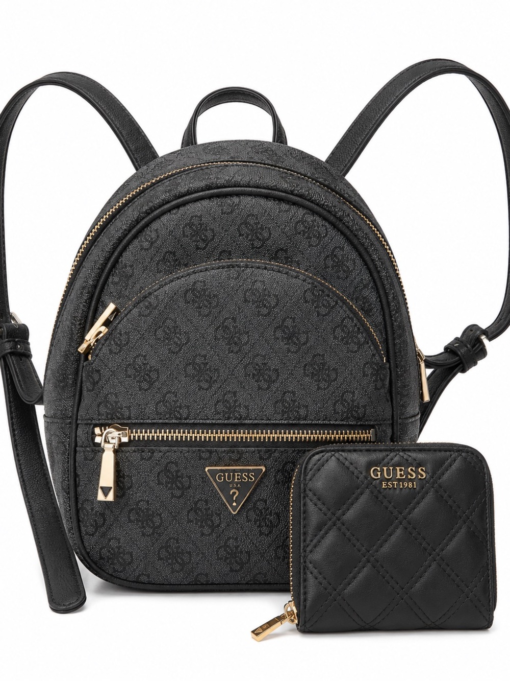 Guess Black Mini Backpack with Quilted Zip Coin Wallet